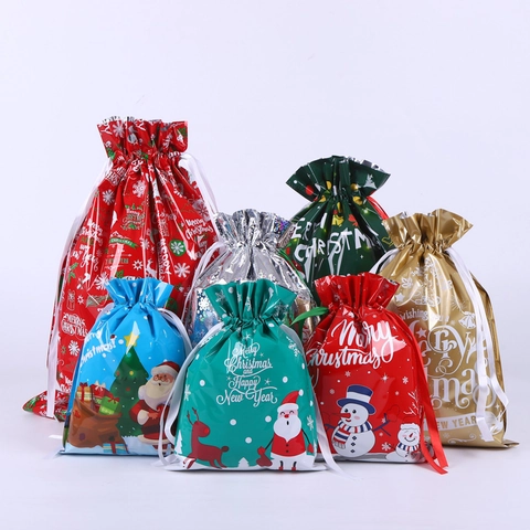 Christmas Drawstring Gift Bags Plastic Foil Candy Wrap Pouches Holiday Party Favor Packaging Festive Theme Pattern