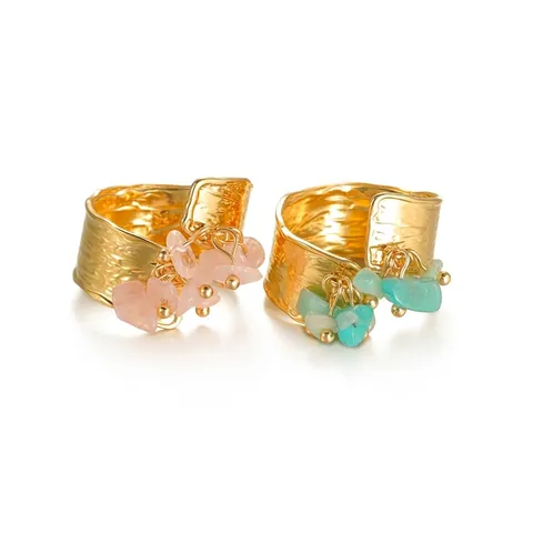 Gehämmert Edelstahl Offener Ring Mit Bunten Steinperlen Anhänger Retro Französischer Stil Verstellbar Schmuck Für Damen