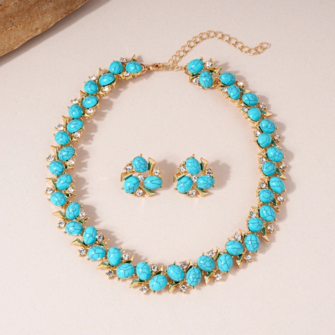 Retro Palace Jewelry Necklace And Earrings For Women Alloy Gold Plated With Resin Turquoise Zircon Inlay Vintage Elegant