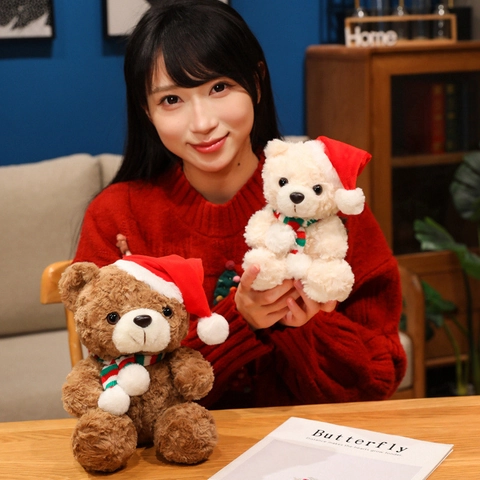Weihnachten Teddybär Plüschtier Mit Roter Mütze Und Gestreiftem Schal Weiches Stofftier Feiertagsgeschenk Dekoration