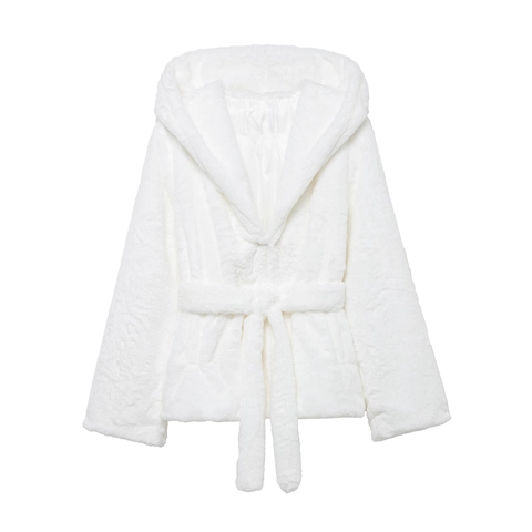 Women Faux Fur Coat Hooded Belted Short Soft Winter Jacket Solid White Outerwear