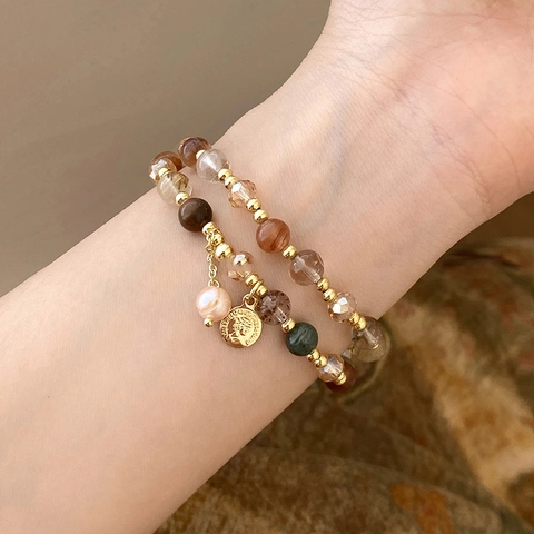 Retro Palace Style Double Layer Beaded Bracelet With Multi Color Natural Stones Gold Coin Portrait Medal And Pink Artificial Pearl