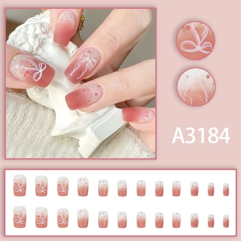 Matte Gradient Pink Press On Nails White Bow Design Short Square Artificial Finger Nails With Glitter Sweet Style
