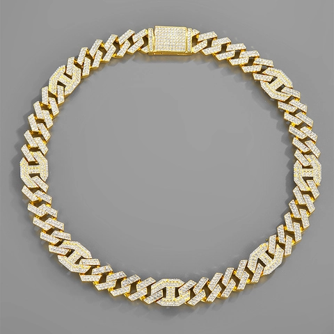 Hip Hop Zinc Alloy Iced Out Cuban Link Necklace Rhinestone Rhombus Geometric Chain With Box Clasp For Men Women Jewelry