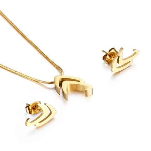 V Shape Double Layer Necklace And Earrings Stainless Steel Minimalist Chevron Pendant Jewelry For Women Hollow Out Style