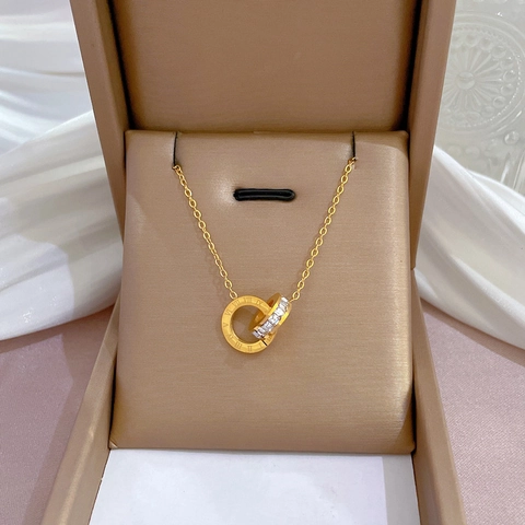 Minimalistische Dubbele Ring Hanger Ketting Titanium Staal Met Romeinse Cijfers En Zirkonia Voor Dames Sleutelbeenhalsketting