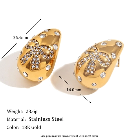 Pendientes De Botón De Acero Inoxidable En Forma De Lágrima Con Lazo De Strass Chapados En Oro De 18K Joyería Elegante Para Mujer