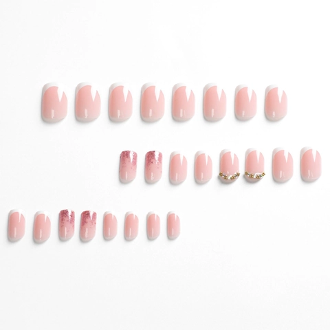 French Press On Nails Nude Pink White Tip Glitter Gradient Gold Rhinestone Square Long Artificial Finger Nails Women