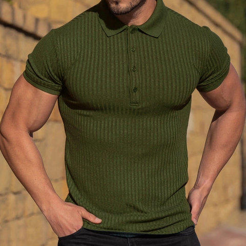 Herren Kurzarm Polo Hemd Slim Fit Rippstrick Vertikale Streifen Textur Muskelpassform Sommer Casual Revers Oberteil