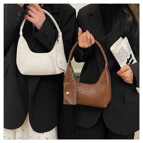 Damen Hobo Umhängetasche Gewebtes Muster PU Leder Unterachsel Handtasche Mit Kleiner Geldbörse Mode Elegant
