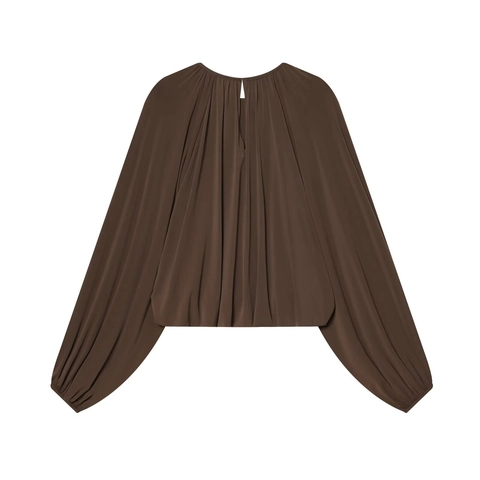 Round Neck Lantern Sleeve Pleated Blouse Polyester Solid Color Loose Casual Tops For Women