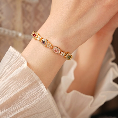 18K Gold Plated Copper Bracelet With Multi Color Oval Zircon Retro Luxury Fashion Jewelry For Women