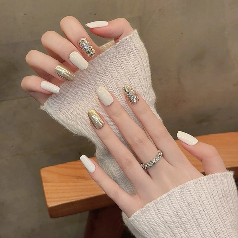Handmade Milk White Champagne Gold Mirror Press On Nails Luxury Glitter Star Pattern Reusable Fake Nails Elegant Manicure