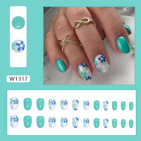 Press On Nägel Oval Grün Blumenmuster Süßer Sommer Stil Künstliche Falsche Nägel Für Frauen Täglicher Gebrauch Elegant