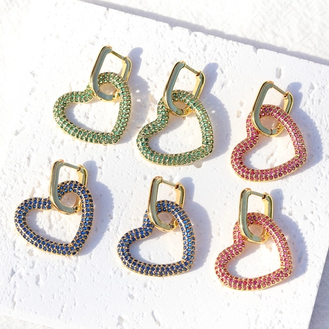Orecchini A Cerchio Con Pendente A Cuore Rame Placcato Oro 18K Zircone Colorato Intarsiato Gioielli Donna