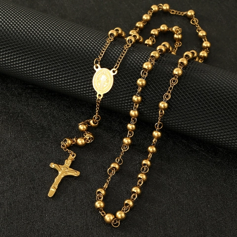 Rosary Necklace Stainless Steel Gold St Benedict Medal And Crucifix Cross Pendant Religious Prayer Jewelry For Unisex