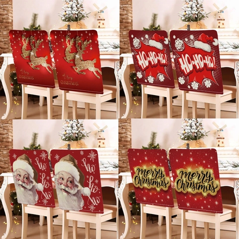 Housses De Dossier De Chaise De Noël Tissu En Lin Décoration De Salle À Manger Festive Motif Renne Père Noël Flocon De Neige Ornement De Vacances