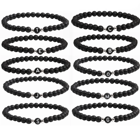 Bracciale Di Perline Alfabeto Iniziale Pietra Nera Opaca Letra A-Z Distanziatori In Metallo Argento Gioielli Elastici