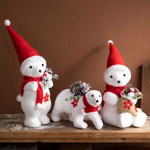 Décorations De Noël Ours Polaire Blanc Bonhomme De Neige Figurine En Mousse Peluche Avec Chapeau Rouge Écharpe Pour Table