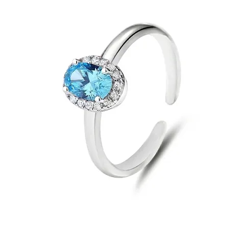 S925 Sterling Silver Sea Blue Oval Gemstone Open Ring For Women Halo Rhinestone Simple Adjustable Fashion Finger Ring Jewelry
