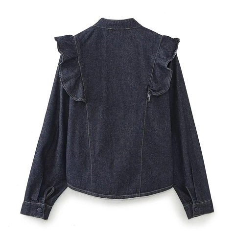 Denim Ruffle V Neck Long Sleeve Shirt And High Waist Wide Leg Long Pants Solid Color Streetwear Style