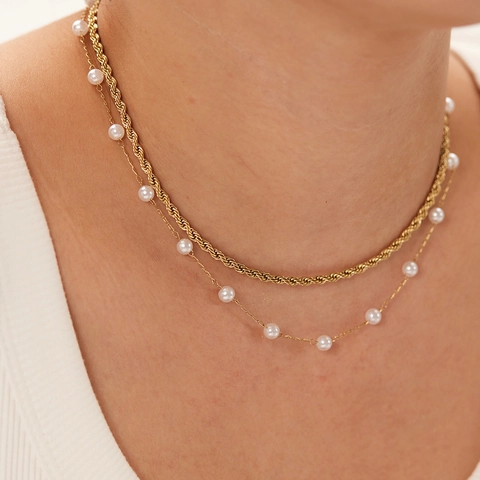 Layered Halskette Edelstahl 18K Vergoldet Mit Künstliche Perlenimitationen Torsionskette Modeschmuck Für Damen