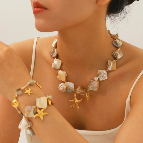 Ocean Shell Starfish Seahorse Charm Necklace And Bracelet Stainless Steel 18K Gold Plated Women Beach Vacation Jewelry