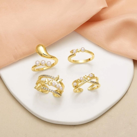 Anillo Regolabile In Rame Farfalla Cuore Stella Con Zircone Perla Artificial Placcato Oro Gioielli Moda Minimalista Per Donne