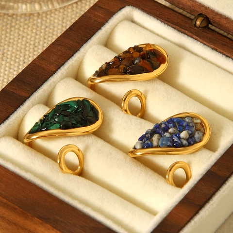 Anello Aperto Regolabile In Acciaio Inossidabile Vintage Francese Pietra Naturale Malachite Lapis Lazzuli Occhio Di Tigre Gioielli Retro