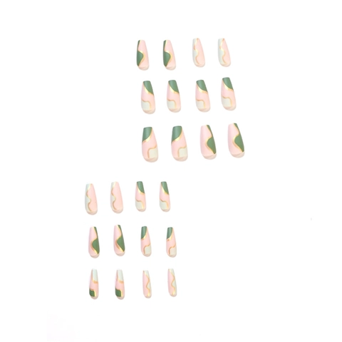 Unghie Finte Lunghe Coffin Astratte Geometriche Patchwork Linee Ondulate Dorate Opaco Elegante Per Donne