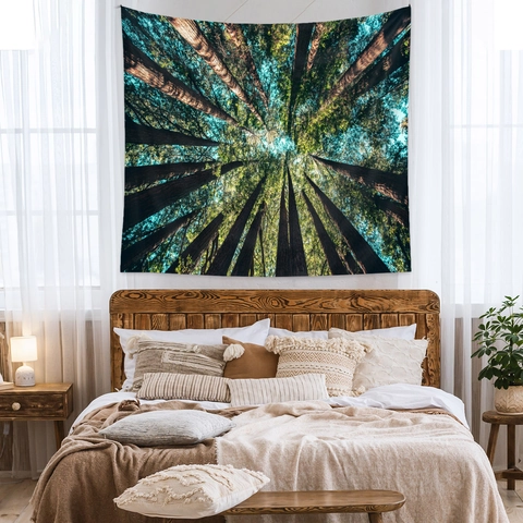 Forest Landscape Tapestry Wall Hanging Nature Scenery Trees Lake Sunbeams Misty Woodland Polyester Fabric Decor