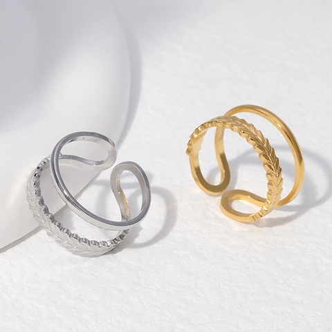 Anello Aperto A Doppio Strato Minimalista Acciaio Inossidabile Motivo Foglia Di Grano Gioielli Regolabili Per Donne Ragazze