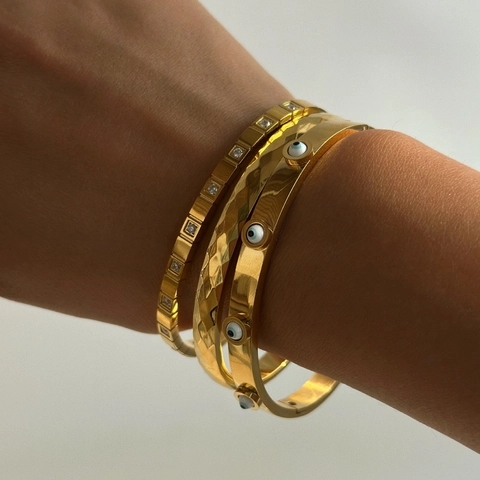 Evil Eye Bangle Bracelet 18K Gold Plated Stainless Steel Cubic Zirconia Square Geometric Hinged Jewelry For Women