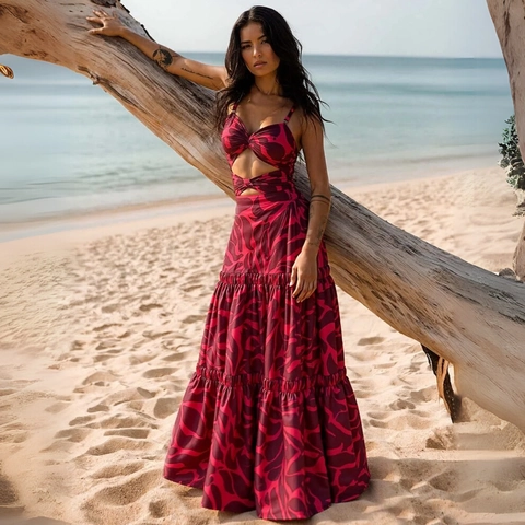 Women Hollow Out Monokini And Tiered Maxi Skirt Abstract Print Nylon Polyester Beach Vacation Swimwear