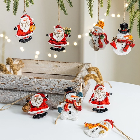 Vintage Resin Santa Claus And Snowman Hanging Ornaments For Christmas Tree Decoration Festive Holiday Party Decor