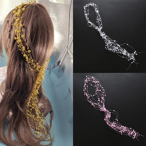 Bridal Hairband Faux Artificial Pearl Beaded Headpiece Hand-Woven Tassel Hair Chain Mesh Headwear For Women Wedding Party