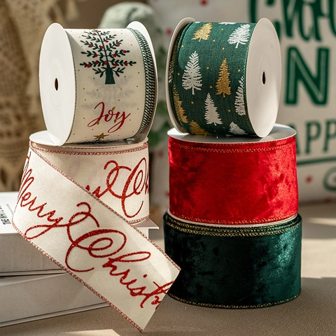 Christmas Ribbons Velvet Fabric Wired Edge For Tree Decor Gift Wrapping Red Green Gold White Pattern DIY Craft Accessory