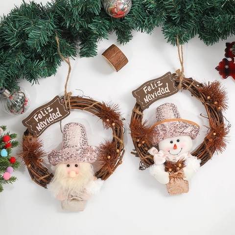 Weihnachts Kranz Rattan Deko Mit Feliz Navidad Holzschild Pailletten Hut Plüsch Weihnachtsmann Schneemann Puppe Für Tür Heim