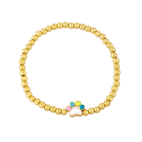 Cute Beaded Bracelet Copper Real Gold Plated Enamel Panda Paw Print Pendant Elastic Jewelry For Women Girls