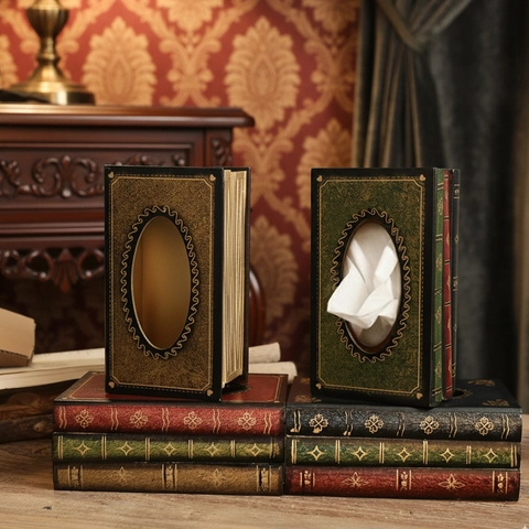 Vintage Book Shaped Wood Tissue Organizer Desktop Napkin Holder Stacked Books Design European Retro Classical Home Decor