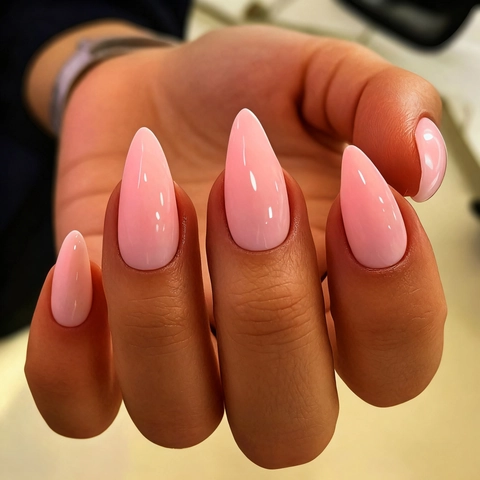 Uñas Postizas Press On Forma De Almendra Larga Rosa Pálido Acabado Jelly Brillante ABS Para Mujeres Manicura DIY