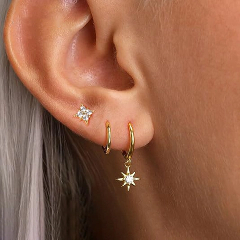 Achtpuntige Ster Ring En Knop Oorbellen Koper Met Zirkonia En 925 Sterling Zilveren Oorstokje Mode Voor Dames
