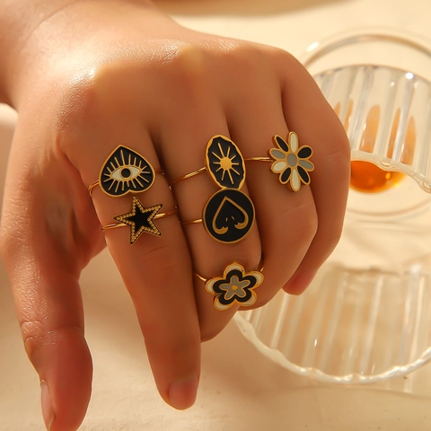 Offener Verstellbarer Emaille Ring Vergoldeter Edelstahl Böser Blick Herz Stern Kleeblatt Boho Schmuck Für Damen