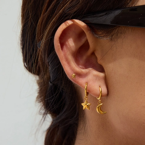 Stainless Steel Stud Hoop Earrings Waterproof Hypoallergenic Star Moon Shell Geometric Vacation Style Jewelry For Women