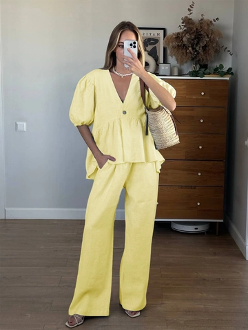 Women V Neck Puff Sleeve Top And Wide Leg Pants Vacation Casual Summer Outfit Polyester Solid Color Soft Breathable