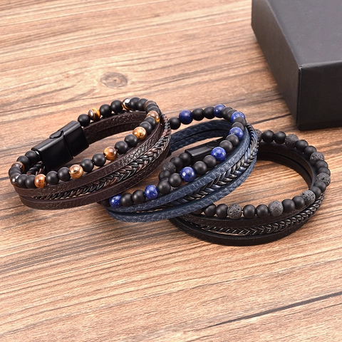 Herren Mehrlagiges Lederarmband Mit Natürlichen Tigerauge Perlen Geflochtene Kordel Legierung Magnetverschluss Vintage Schmuck