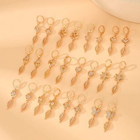 Kupfer Zirkon Tropfenohrringe Champagner Gold Vergoldet Hohlblatt Schmetterling Herz Blume Damen Schmuck