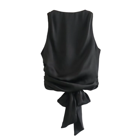 Canotta da Donna Sexy in Raso Senza Maniche con Fiocco sul Retro Elegante Gilet Corto Estivo Streetwear Party Clubwear Top