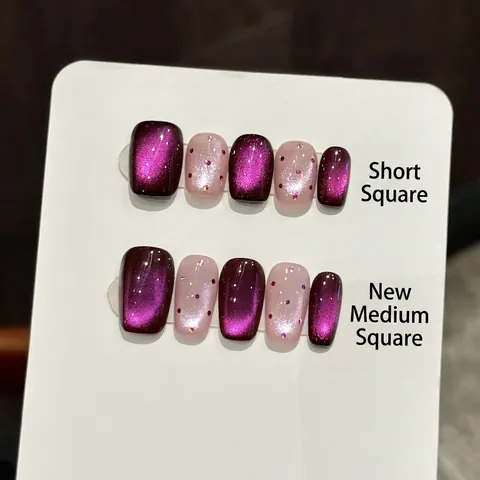 Handmade Purple Cat Eye Press On Nails Polka Dot Minimalist Short Square New Medium Square Sweet Daily Women Nail Art Kit