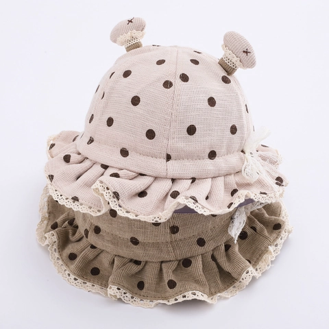 Cappello Alla Pescatora Neonata Pois Bordo In Pizzo Volant Misto Cotone Protezione Solare Orecchie Carine